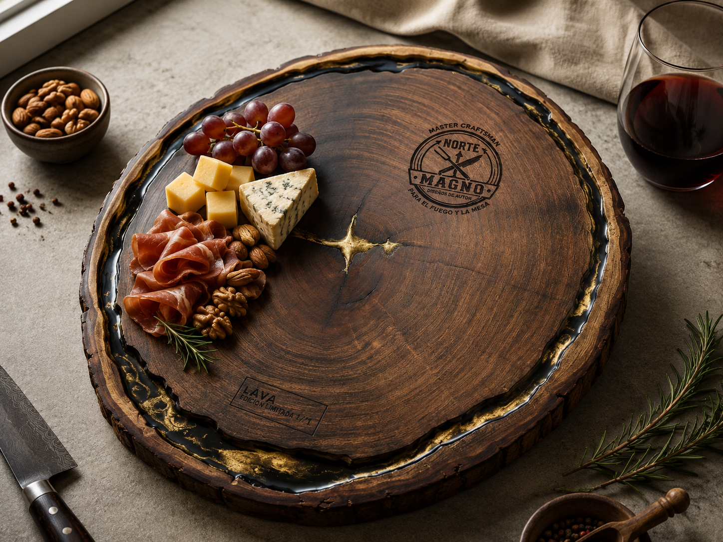 LAVA — Tabla de mezquite con resina negra y pigmento dorado