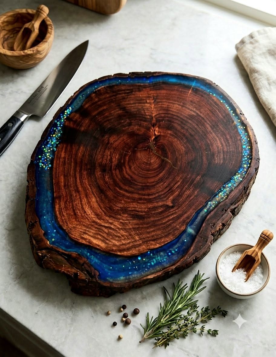 Tabla de mezquite con río de resina azul con destellos y borde natural