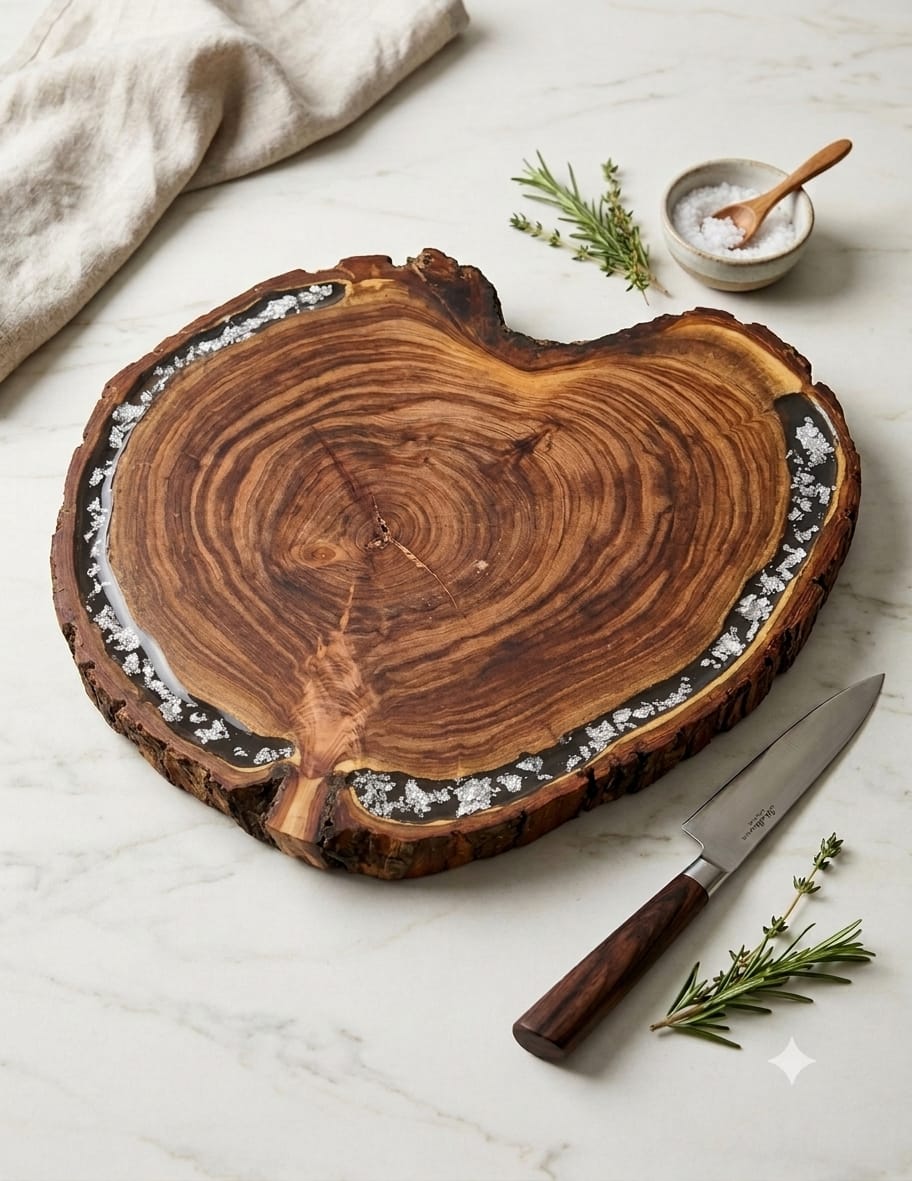 Tabla de mezquite en forma de corazón con resina negra y hoja plateada