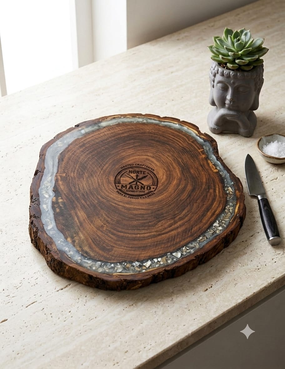 Tabla Elegance de mezquite con borde de resina perlada — Norte Magno