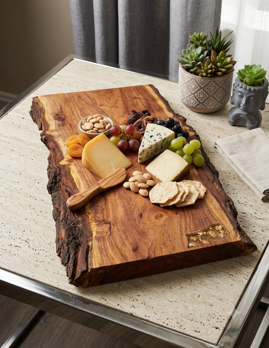 Tabla grande de mezquite con borde natural presentando quesos, uvas y frutos secos