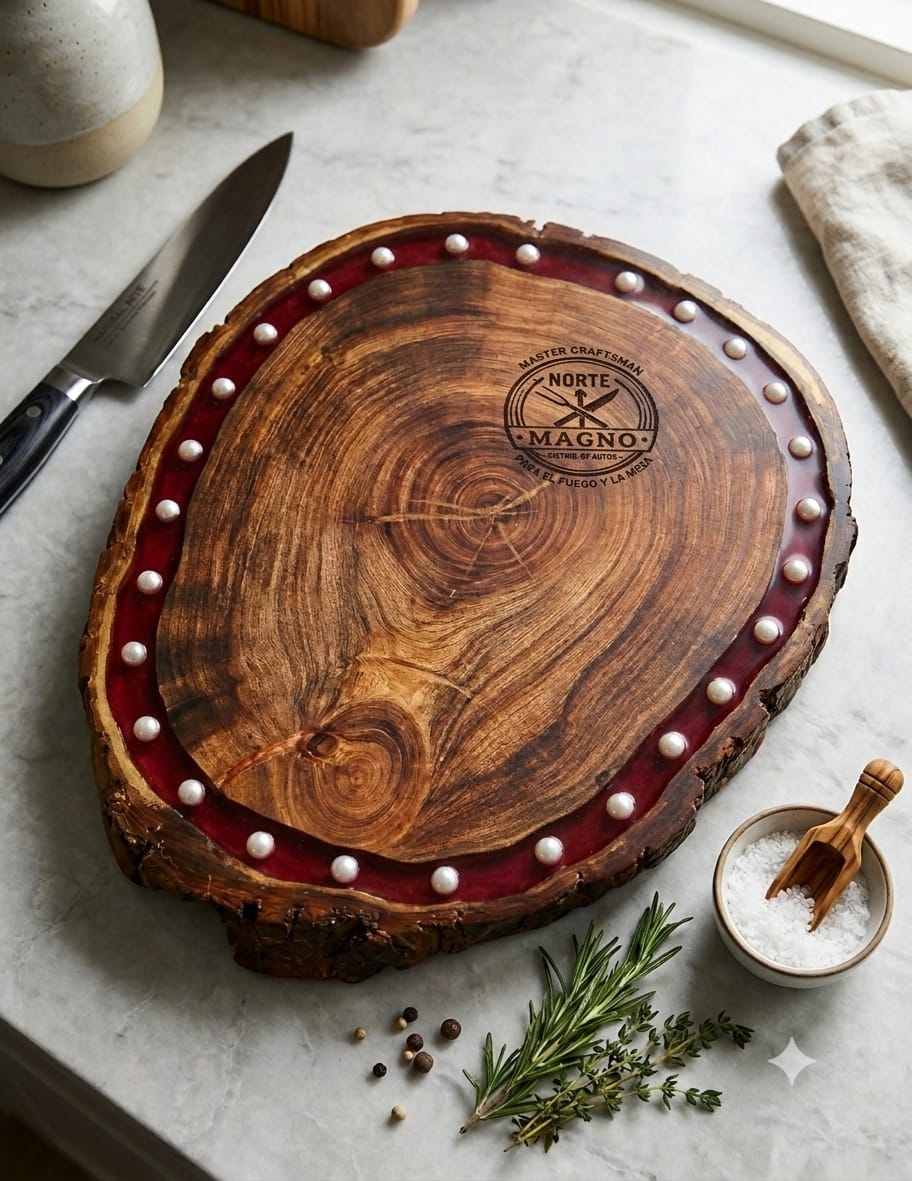 Tabla Vampire de mezquite con resina rojo sangre e incrustaciones de perlas — Norte Magno